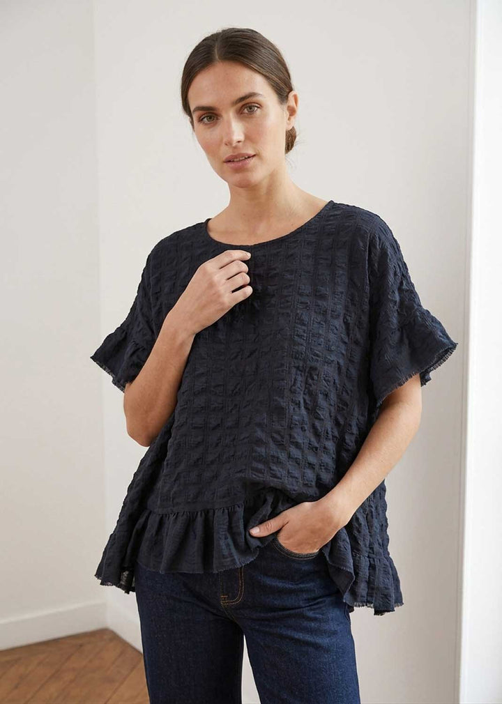 navy frill batwing top 
