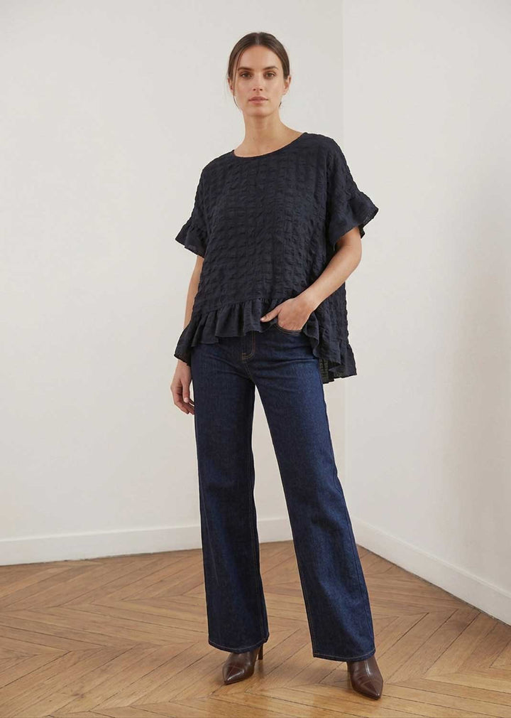 Hattie Navy Frill Sleeve Top