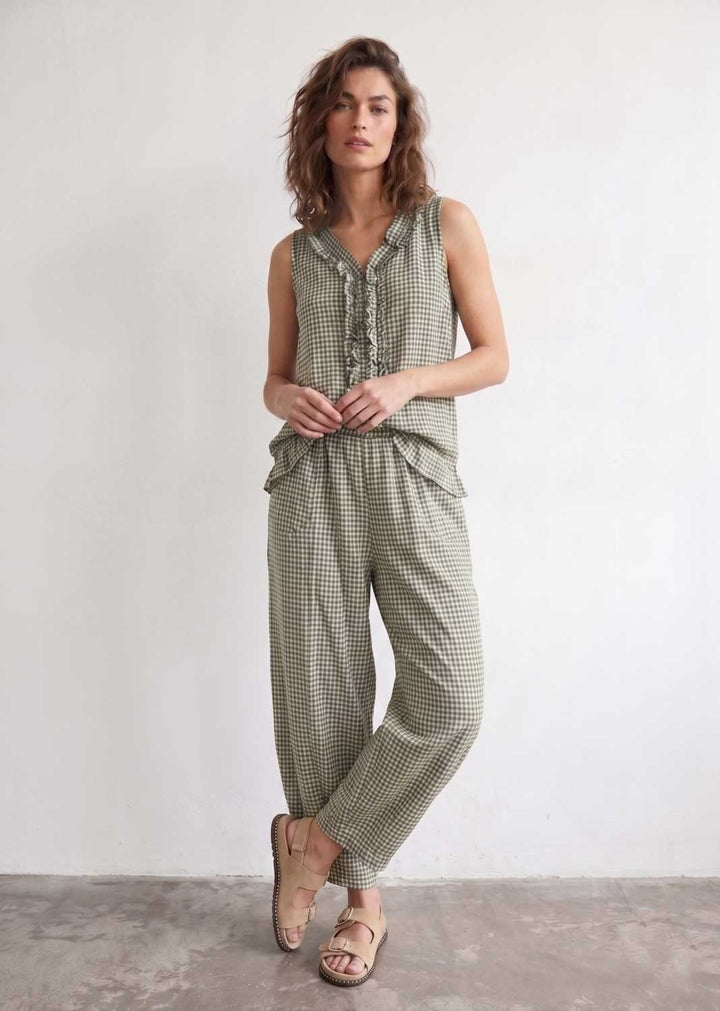 Haven Sage Gingham Frill Top