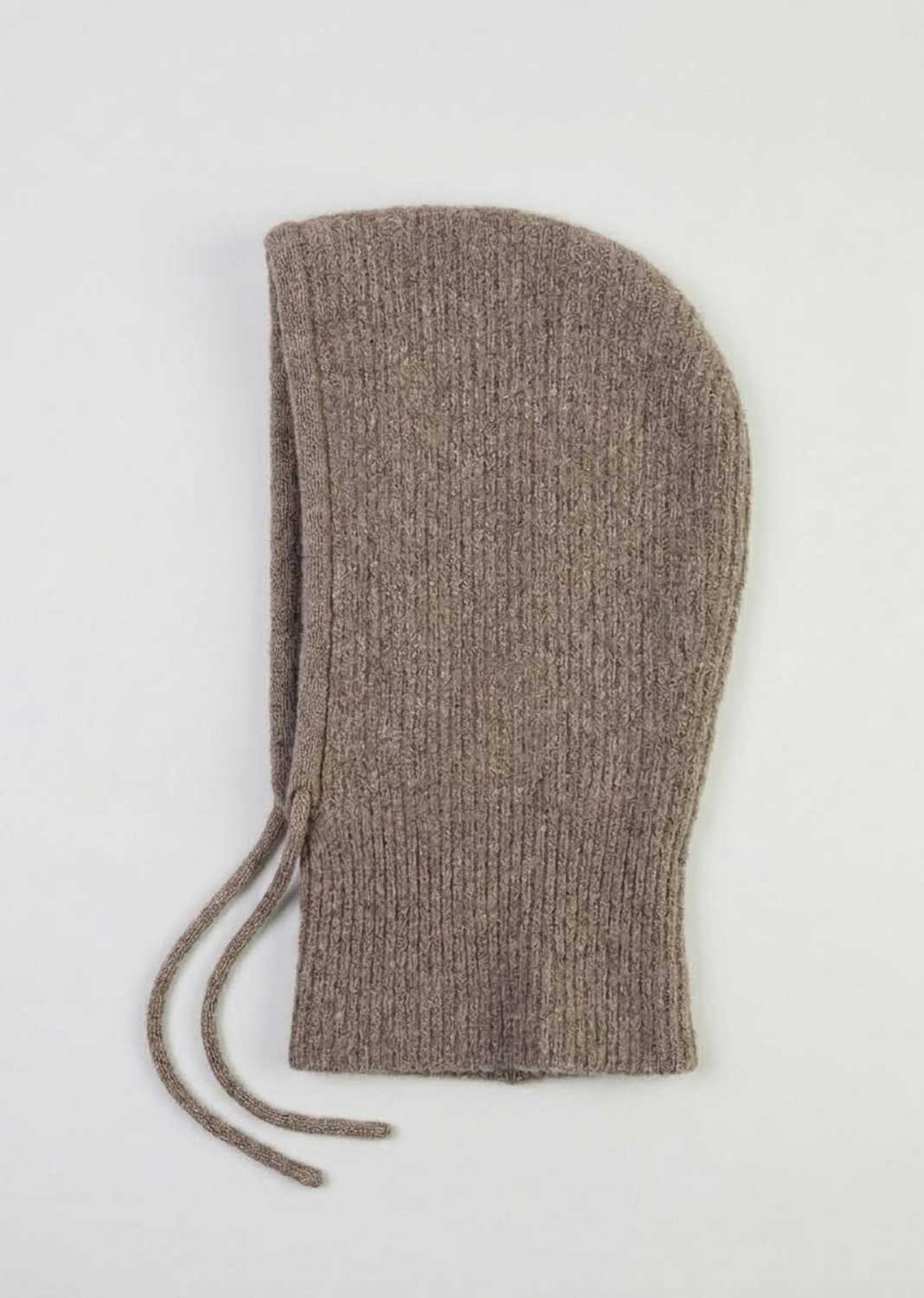 A ribbed knit hood in a heathered taupe-brown color, featuring two adjustable drawstrings, laid flat on a light gray background.