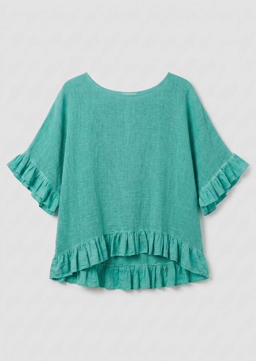 Hilary Aqua Green Hopsack Frill Top