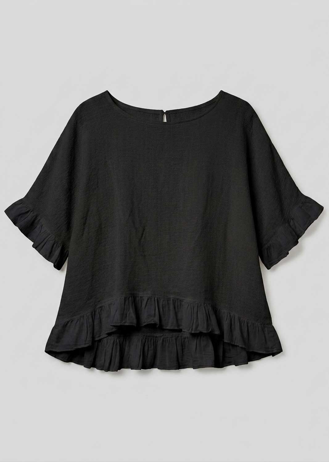 Black blouse with ruffled layers on a light gray background