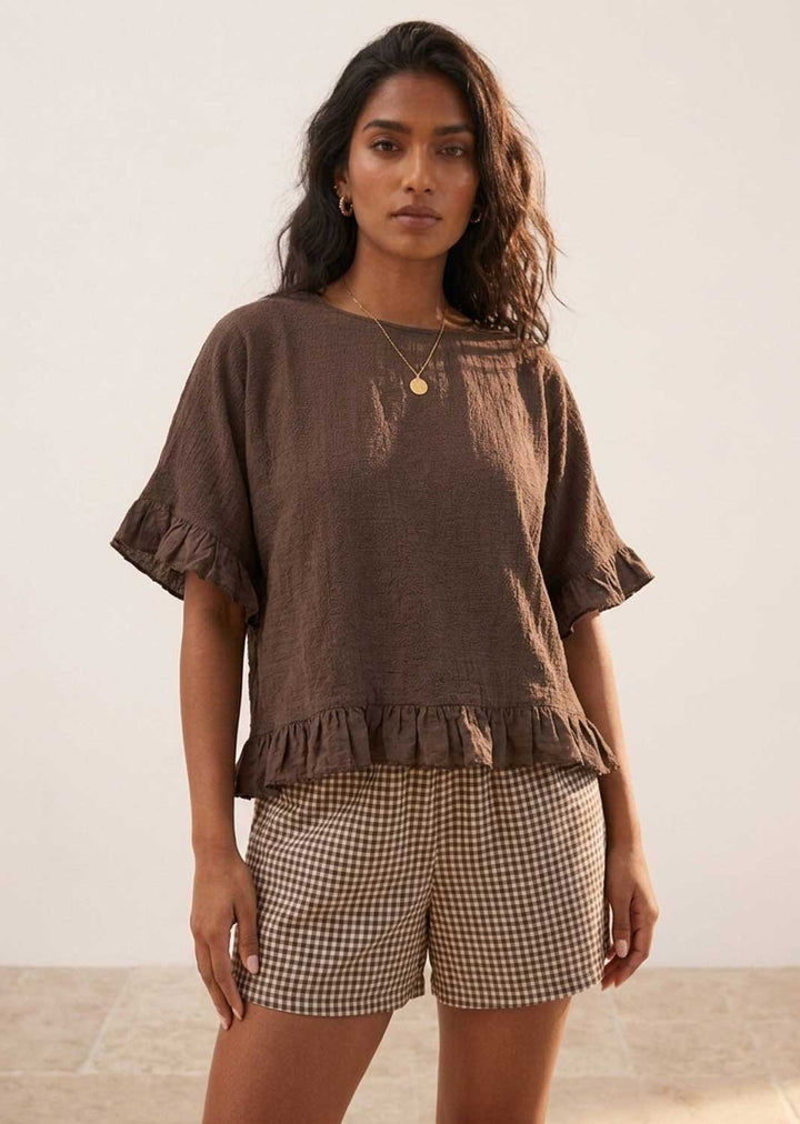 Hilary Brown Hopsack Frill Top
