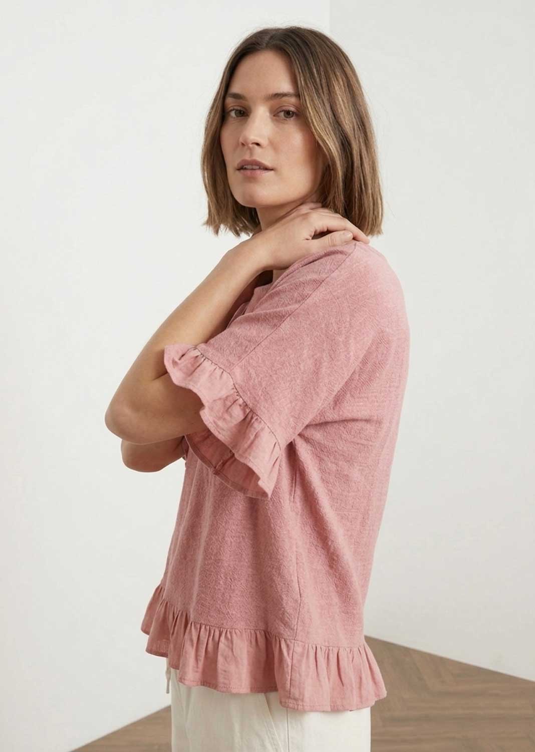 Hilary Pink Hopsack Frill Top