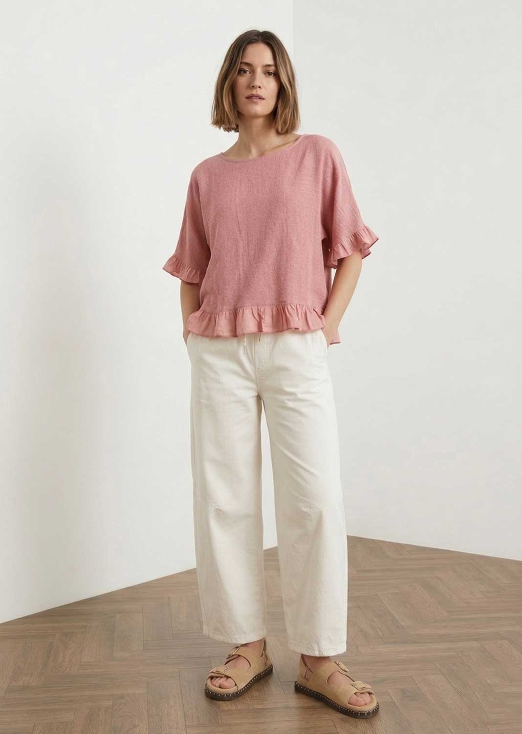 Hilary Pink Hopsack Frill Top