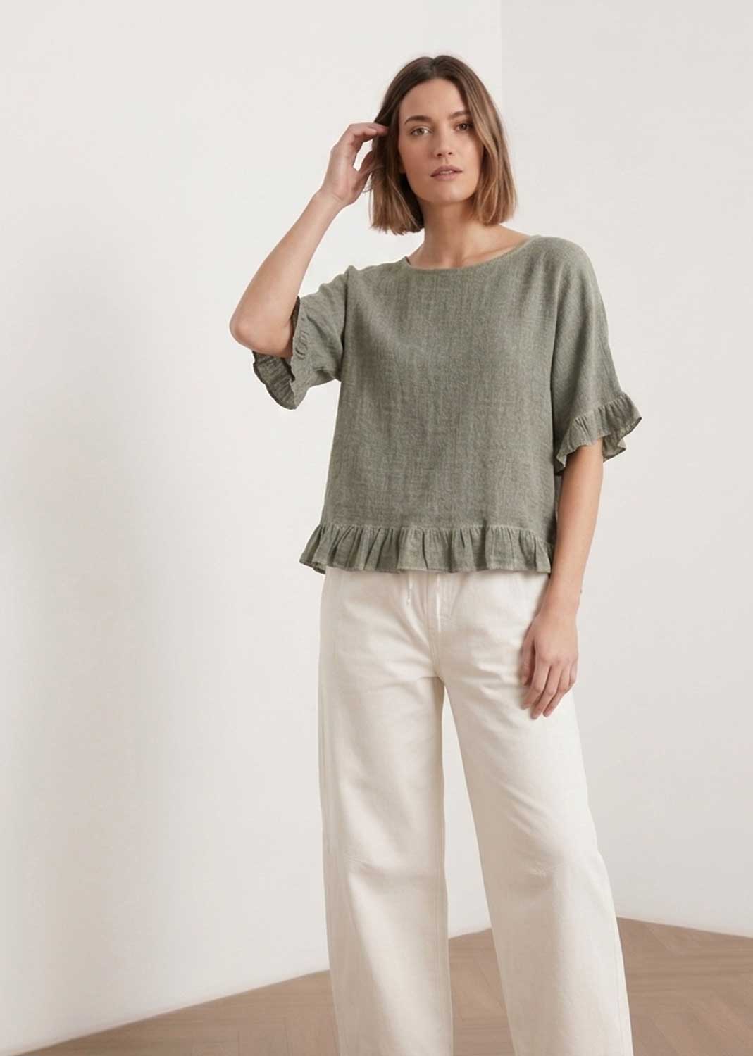 Hilary Pistachio Hopsack Frill Top