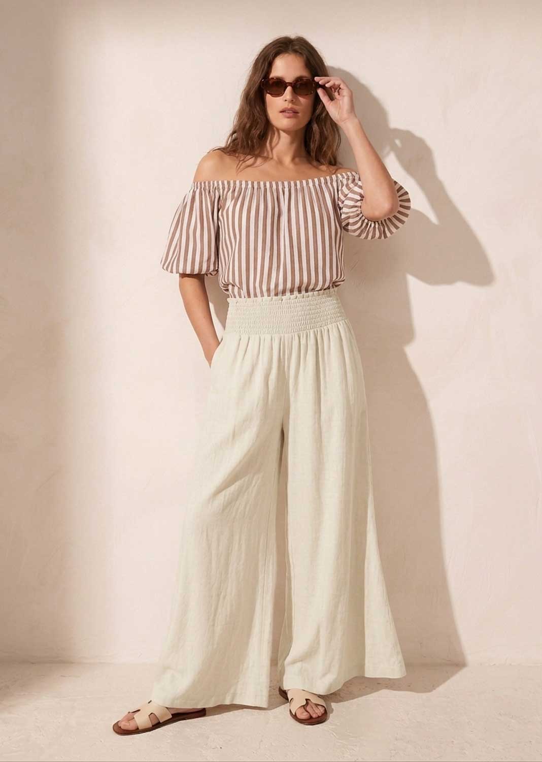 Honour Cream Shirred Palazzo Pants