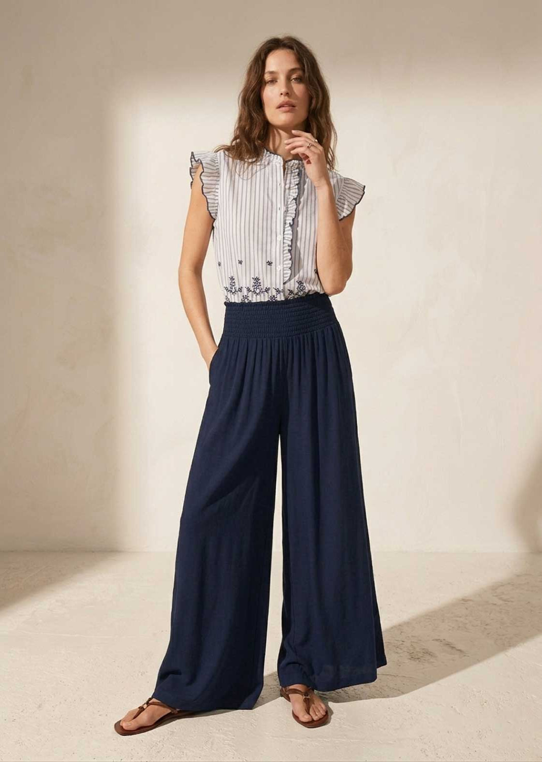 navy shirred palazzo pants