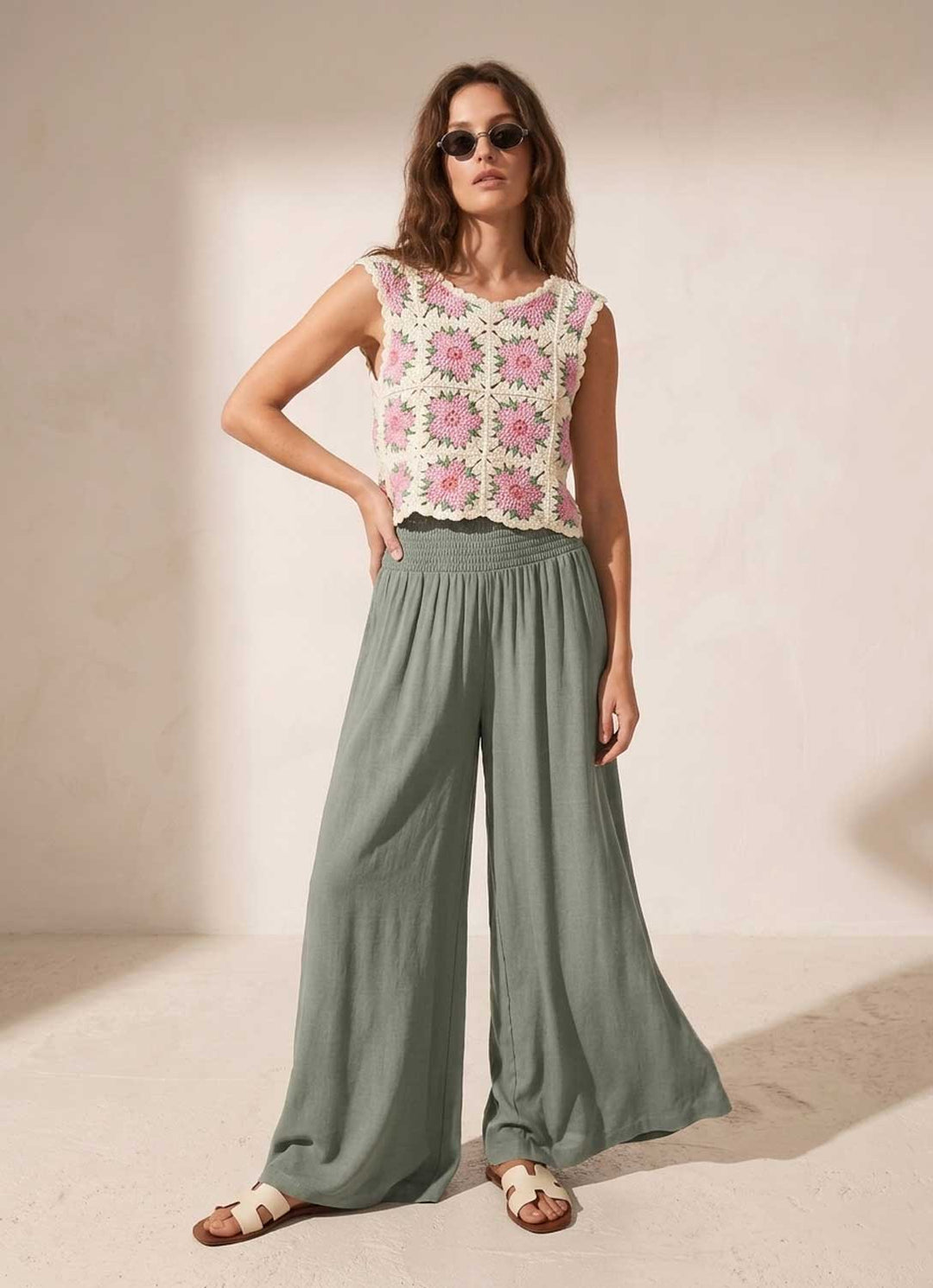  Sage Green Shirred Palazzo Pants