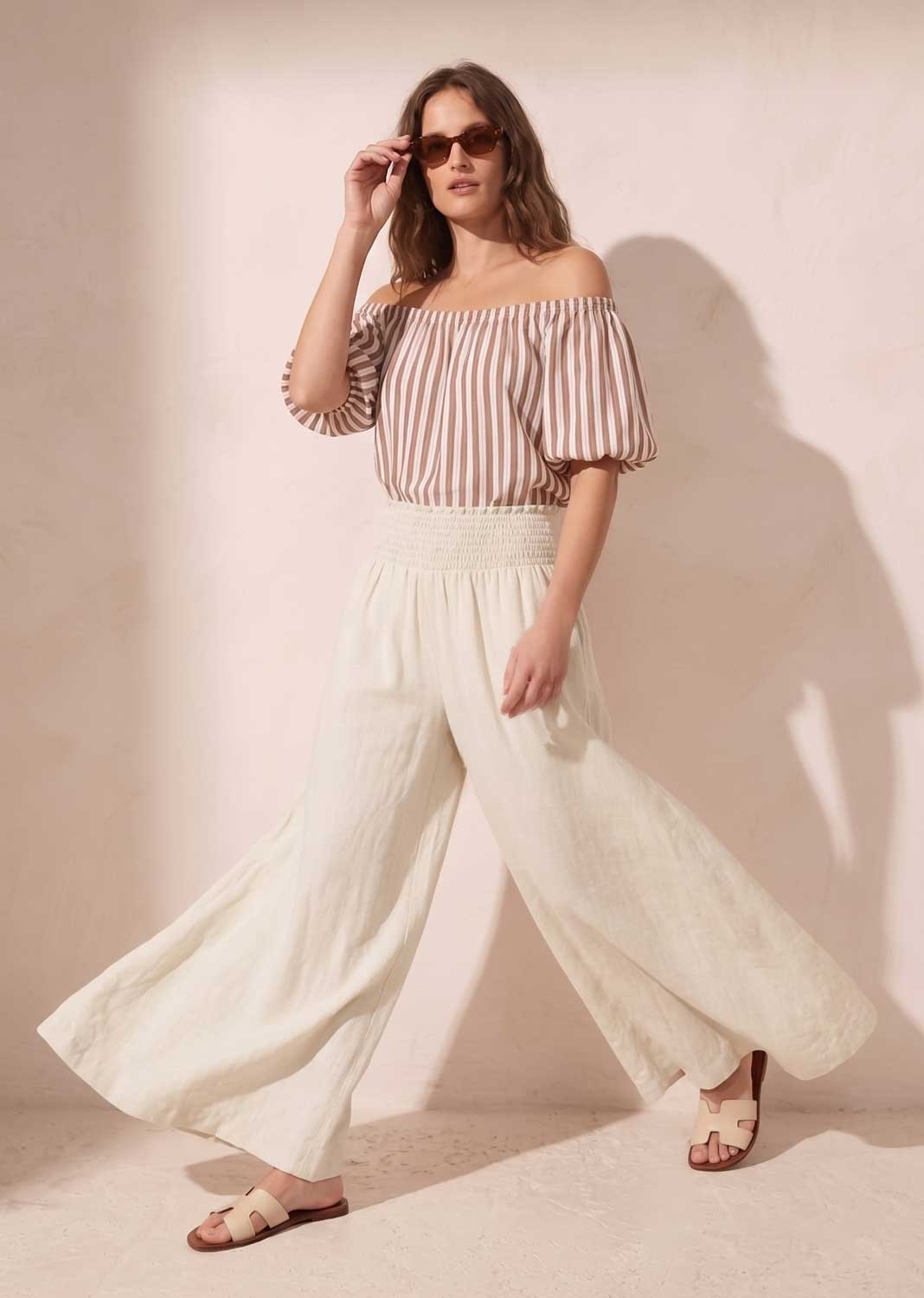 Honour Cream Shirred Palazzo Pants