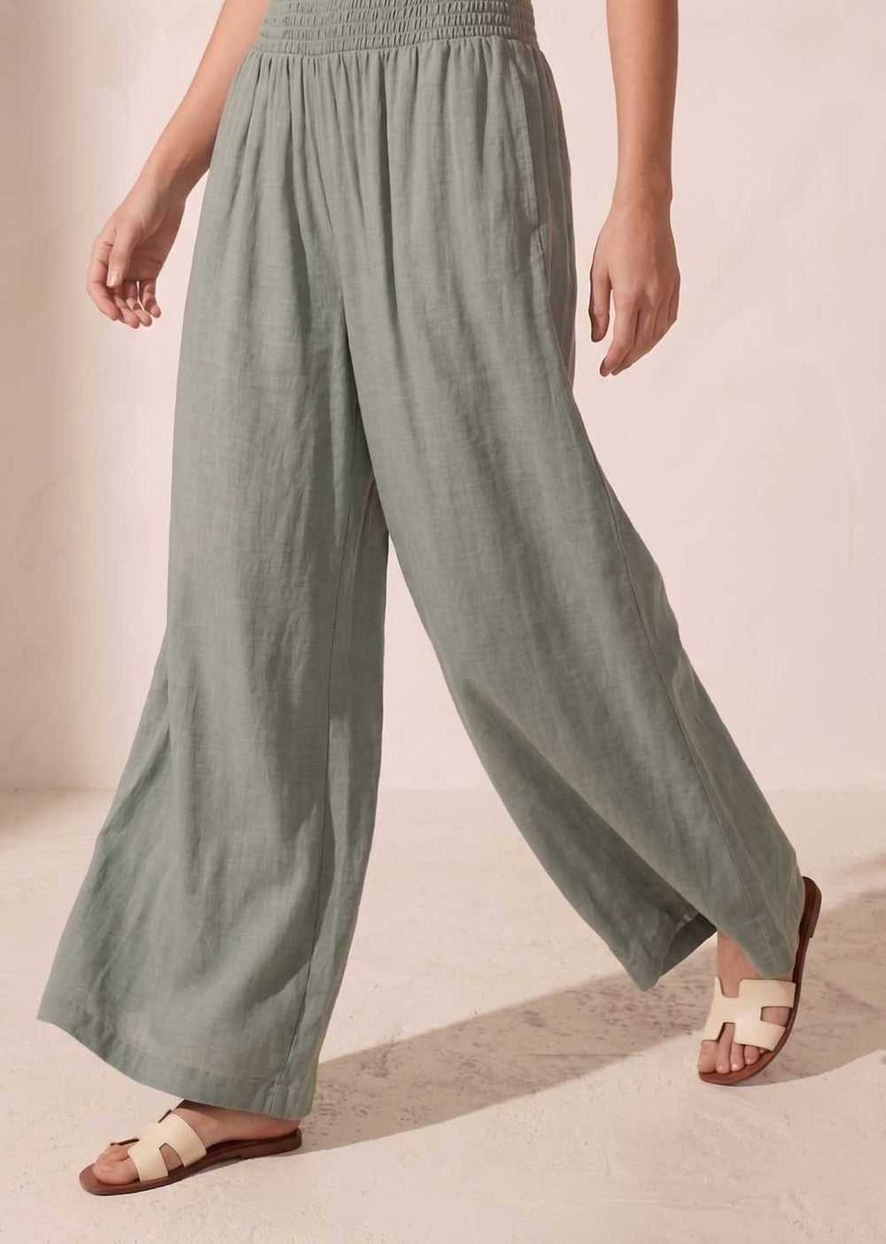  Sage Green Shirred Palazzo Pants