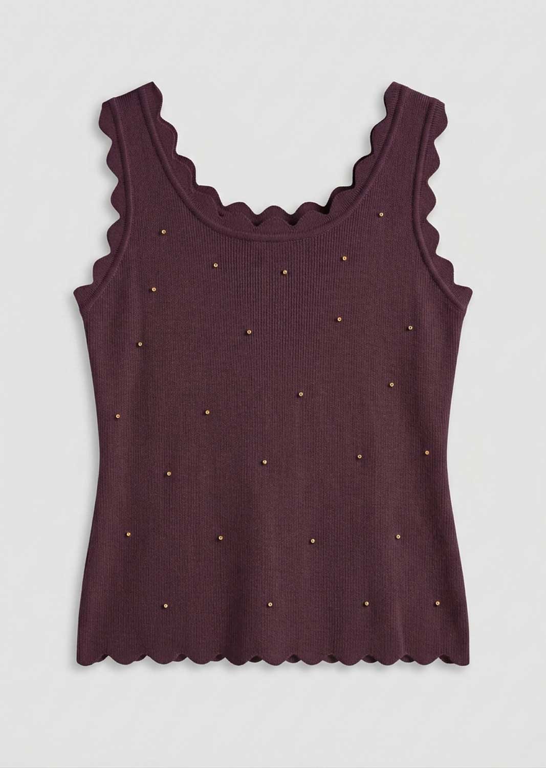 Indya Plum Scallop Edge Studded Knitted Top