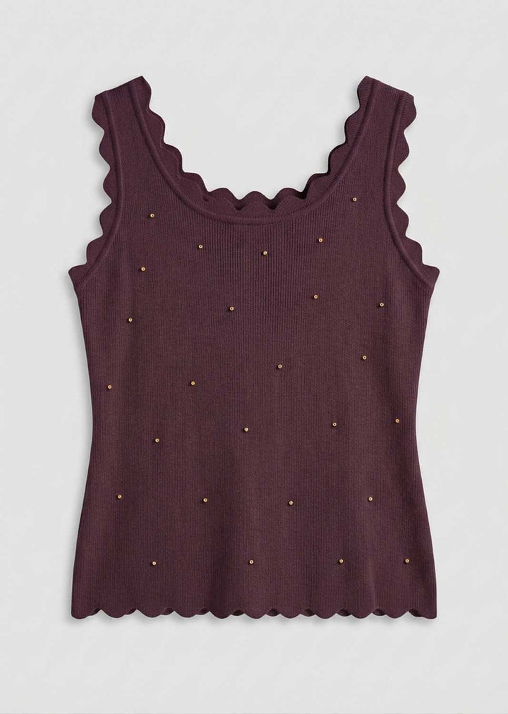 Indya Plum Scallop Edge Studded Knitted Top