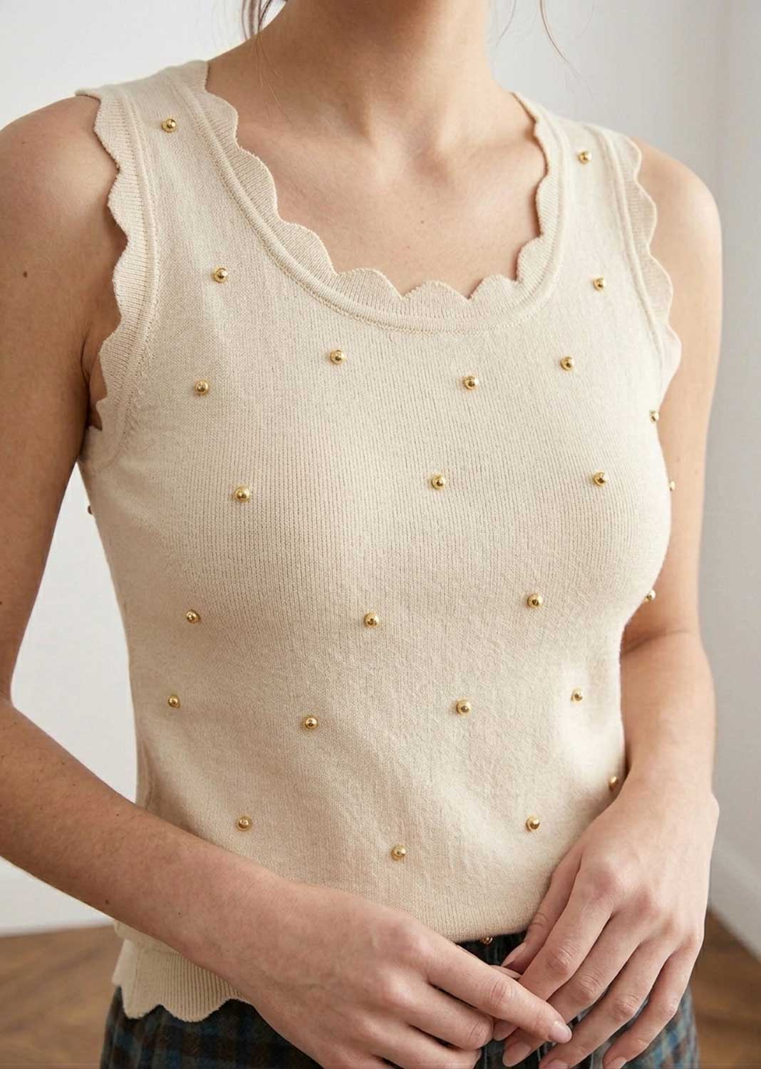 Indya Cream Scallop Edge Studded Knitted Top