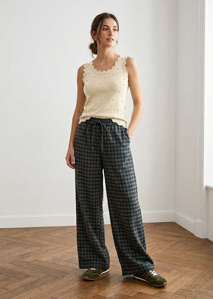 Indya Cream Scallop Edge Studded Knitted Top