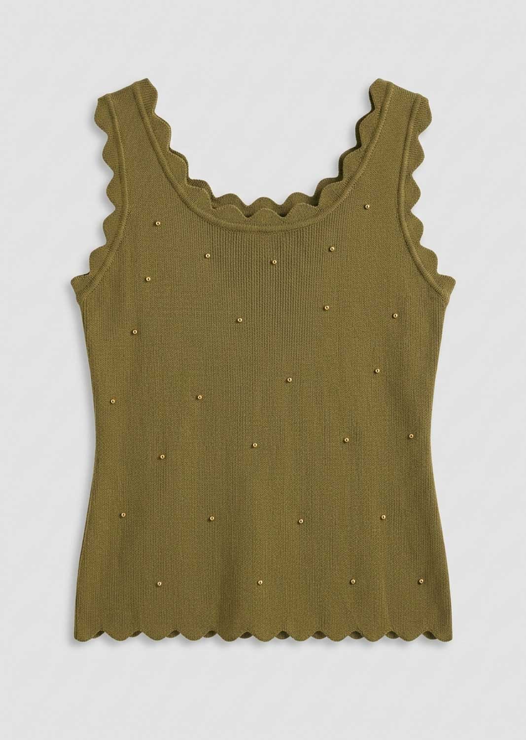 An olive green ribbed knit tank top with scalloped edges on the neckline and hem, decorated with small metallic studs, shown flat on a light gray background.