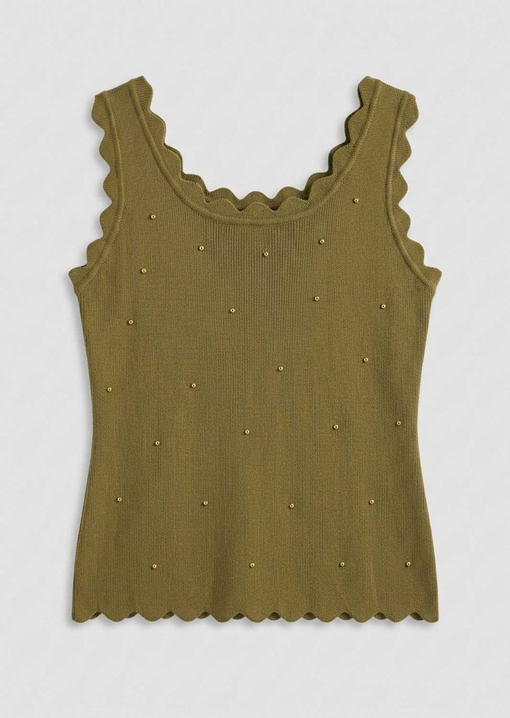 An olive green ribbed knit tank top with scalloped edges on the neckline and hem, decorated with small metallic studs, shown flat on a light gray background.