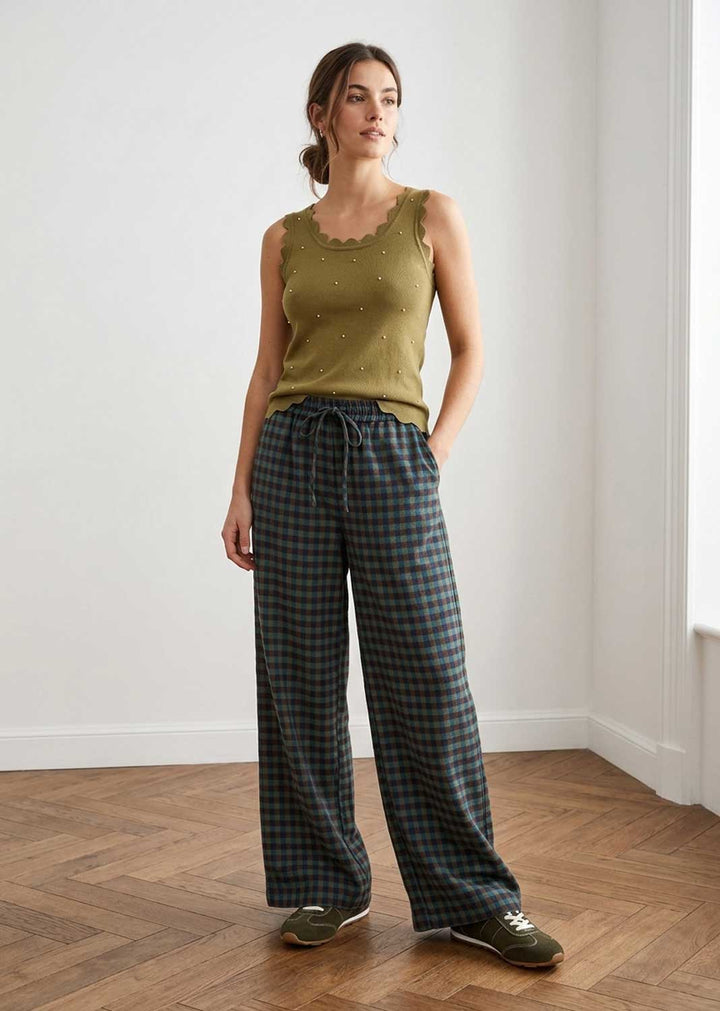 Indya Olive Scallop Edge Studded Knitted Top