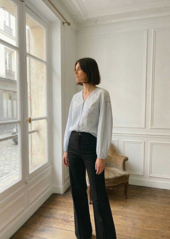 Ines Broderie Cotton Blouse Pale Blue