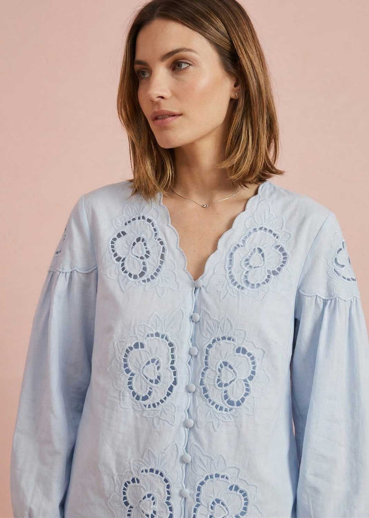 Ines Broderie Cotton Blouse Pale Blue