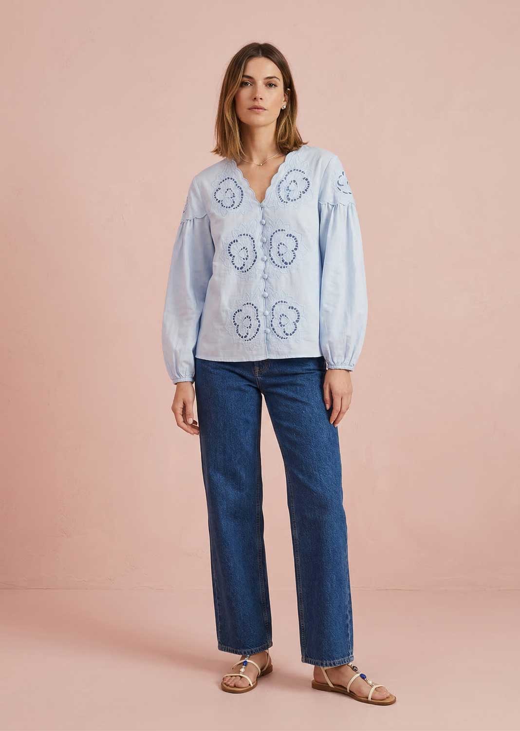 Ines Broderie Cotton Blouse Pale Blue
