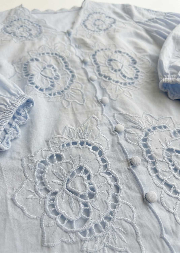 Ines Broderie Cotton Blouse Pale Blue