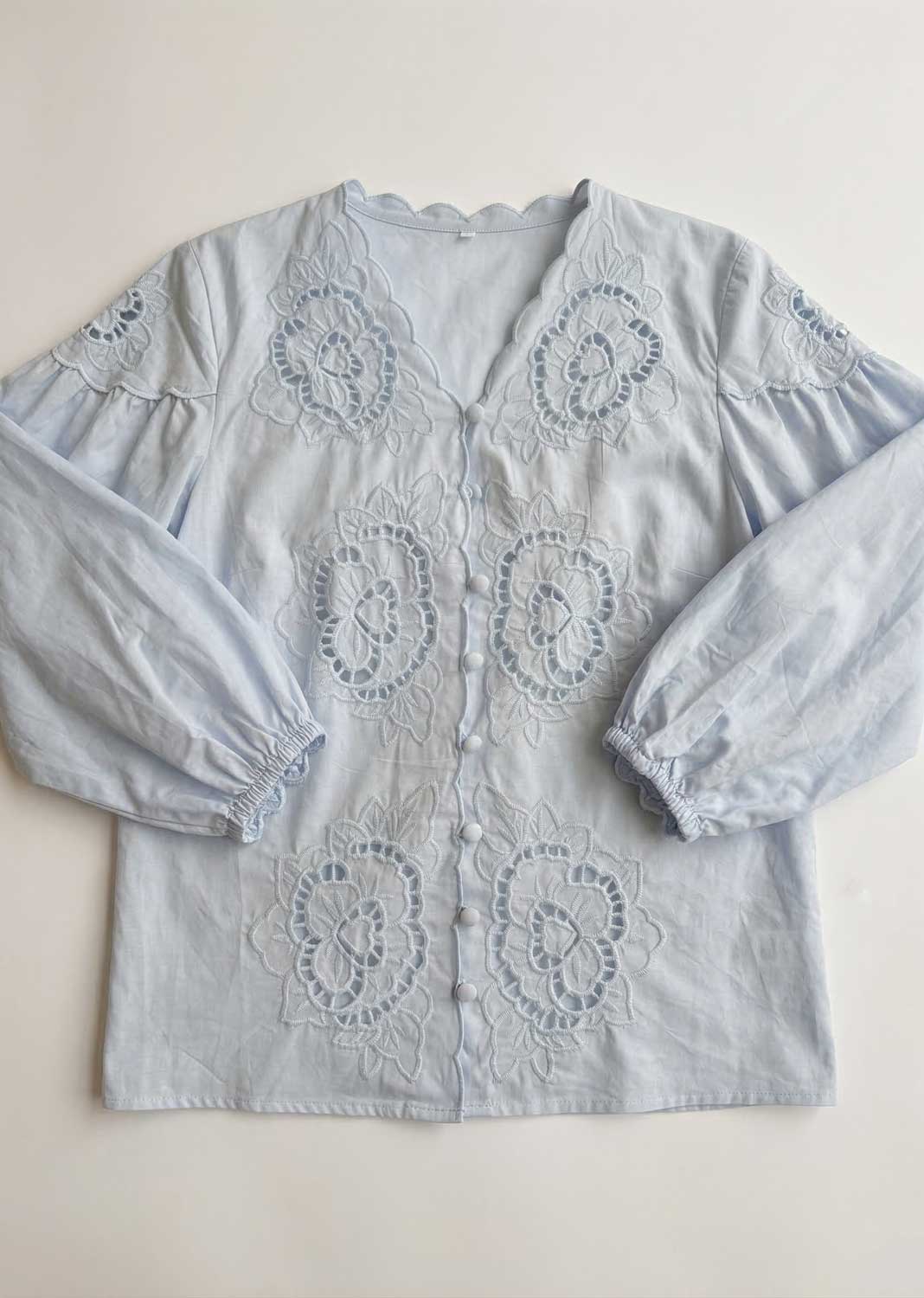 Ines Broderie Cotton Blouse Pale Blue