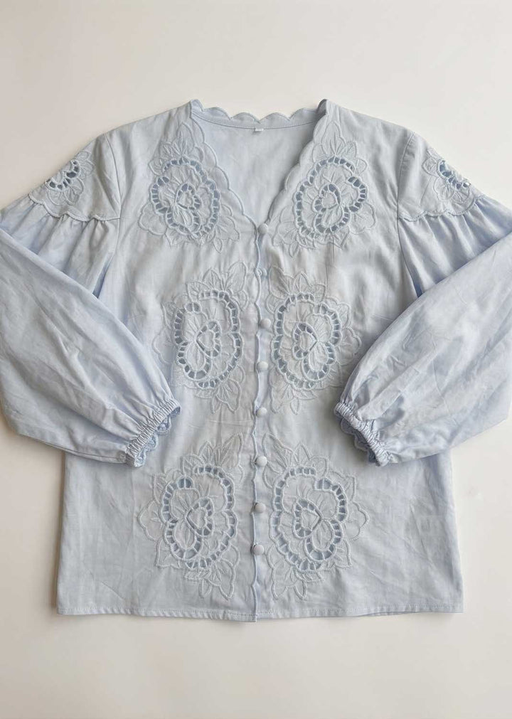 Ines Broderie Cotton Blouse Pale Blue