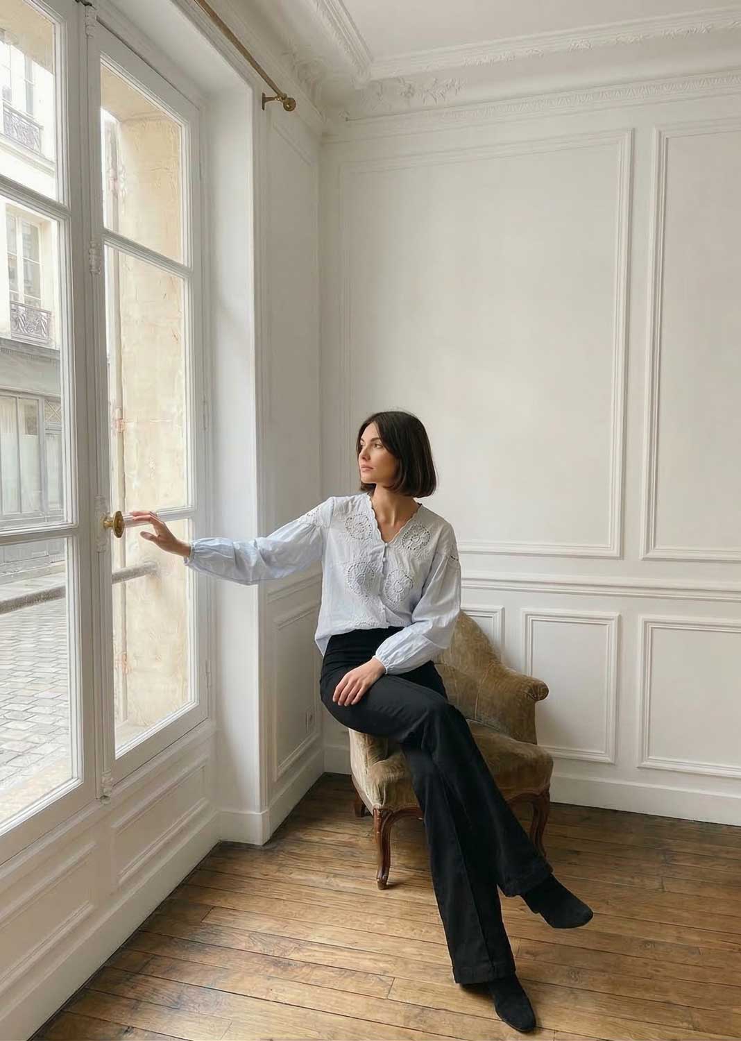 Ines Broderie Cotton Blouse Pale Blue