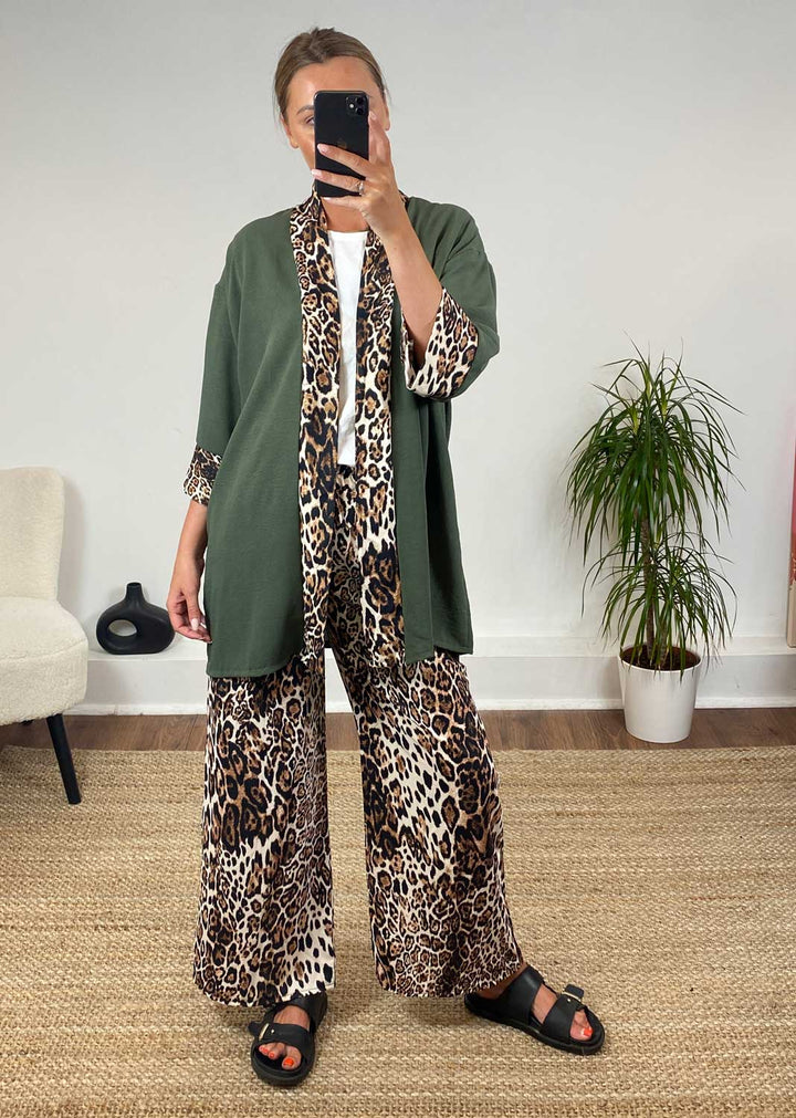 Jacques Leopard Kimono Jacket in Khaki