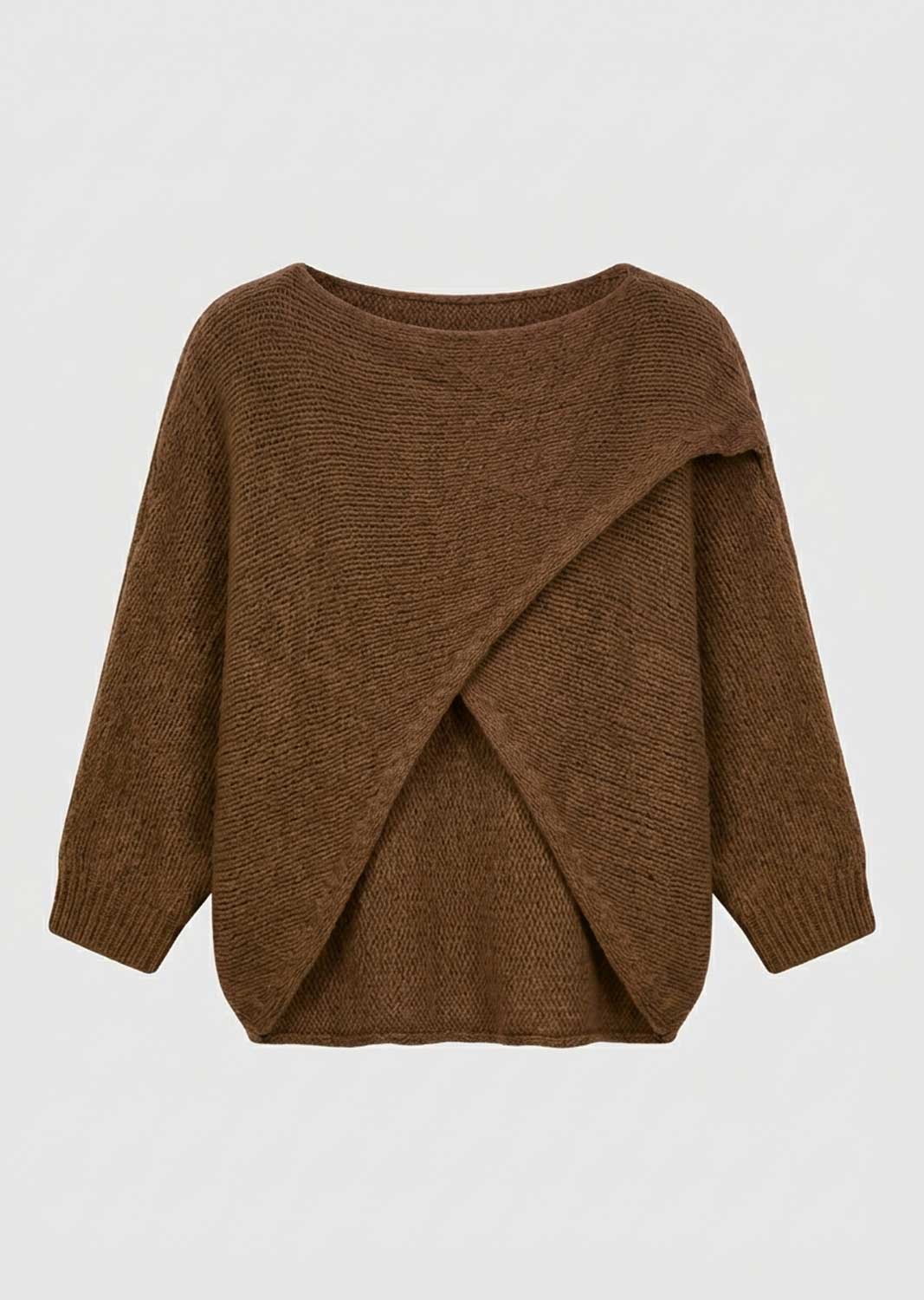 A brown textured knit sweater with an asymmetrical draped wrap design on the front, displayed against a light gray background.