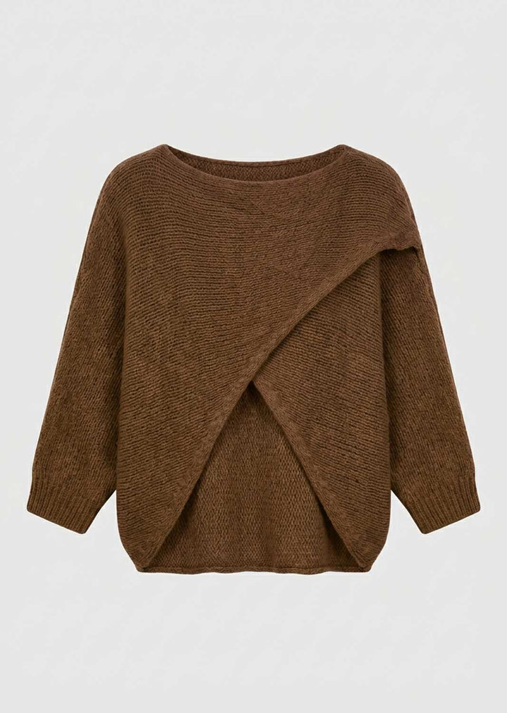 A brown textured knit sweater with an asymmetrical draped wrap design on the front, displayed against a light gray background.