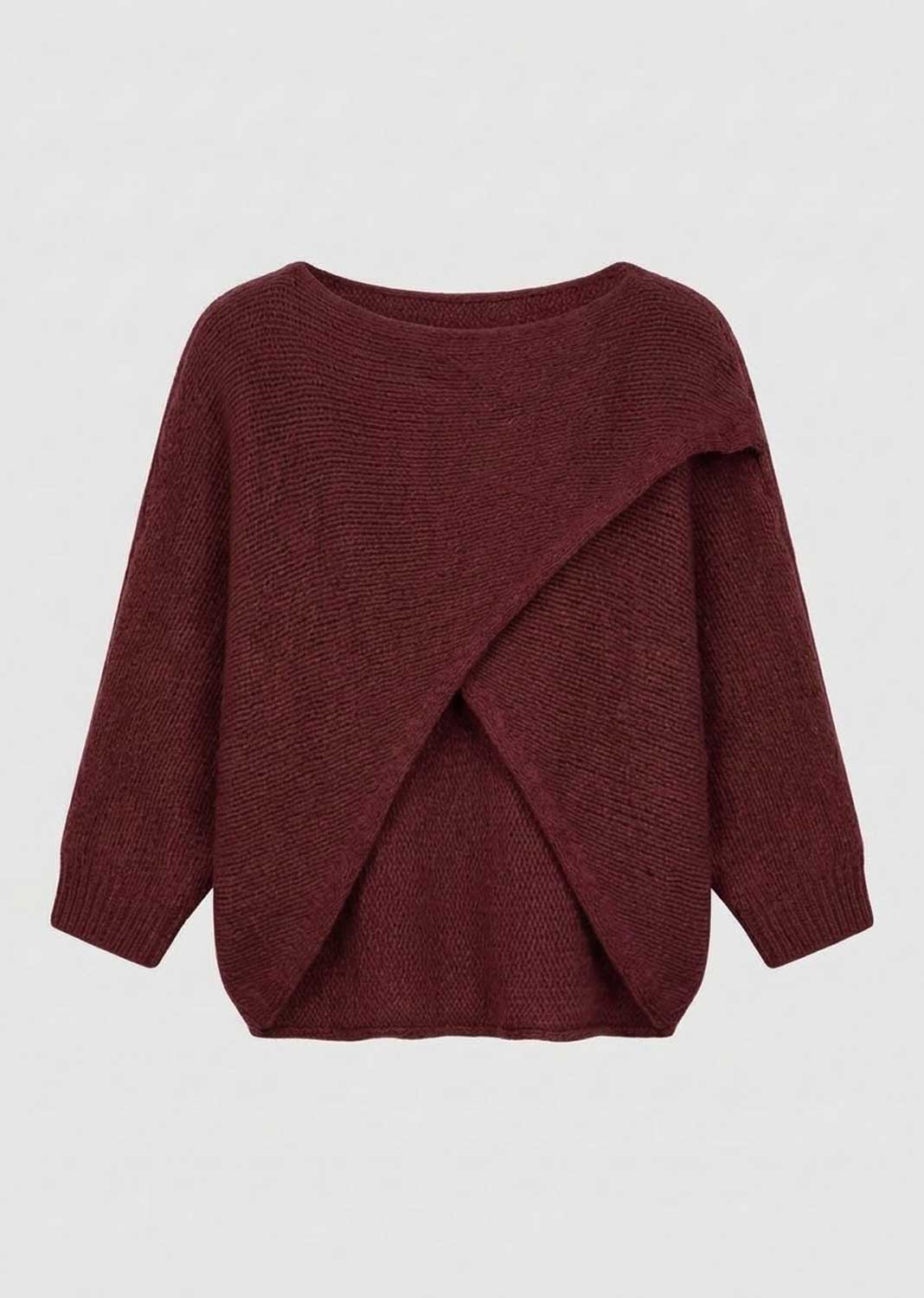 A dark burgundy knit sweater with a draped, asymmetrical wrap design on the front, displayed against a light gray background.