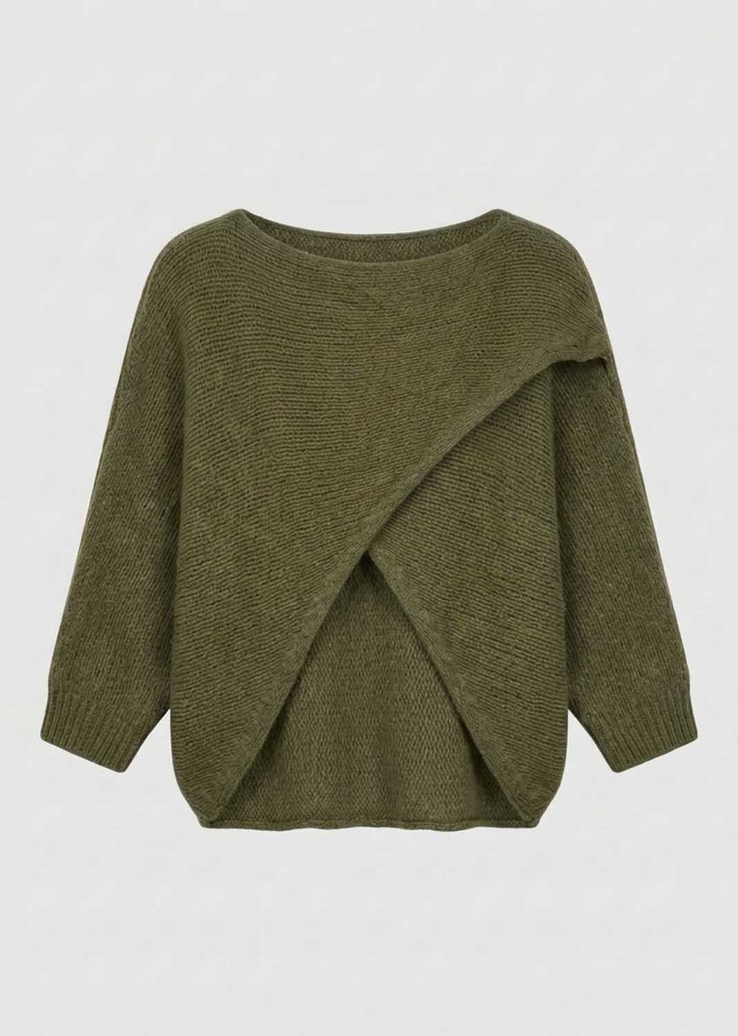 An olive green knit sweater with a draped, asymmetrical wrap design on the front, displayed against a light gray background.