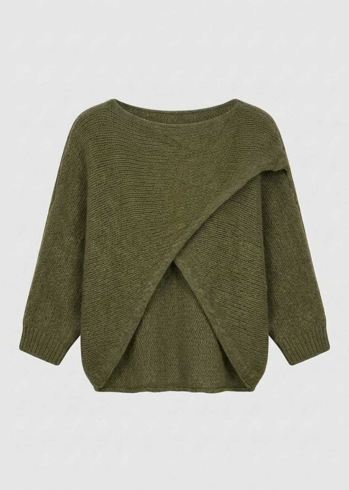 An olive green knit sweater with a draped, asymmetrical wrap design on the front, displayed against a light gray background.