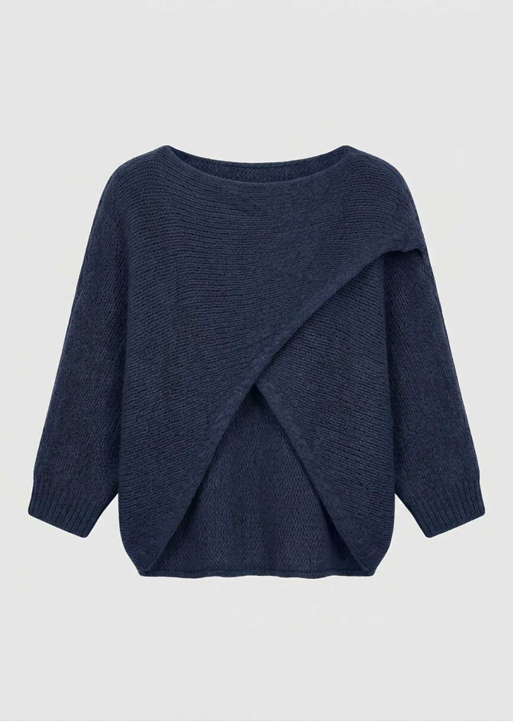 A navy blue knit sweater with a draped, asymmetrical wrap design on the front, displayed against a light gray background.