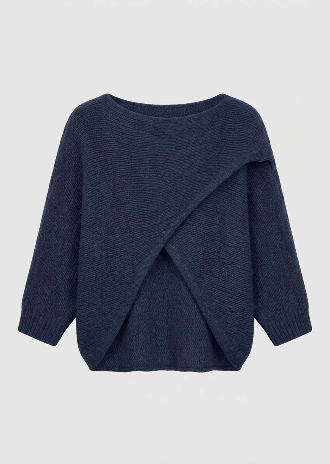 A navy blue knit sweater with a draped, asymmetrical wrap design on the front, displayed against a light gray background.