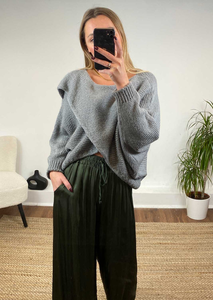 Jane Crossover Knit Jumper in Grey