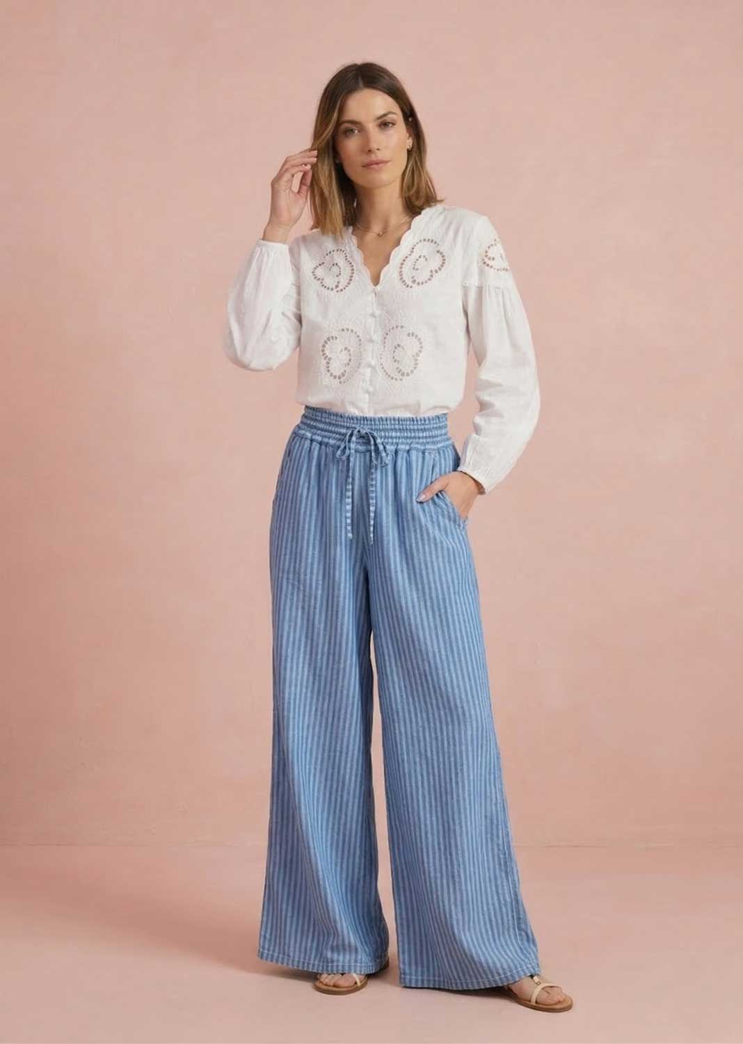 chambray pinstripe wide leg pants 