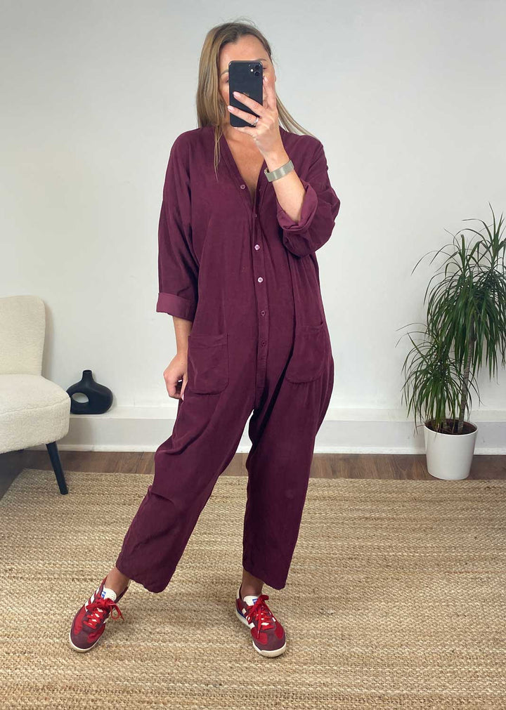 Joss Needlecord Jumpsuit in Burgundy