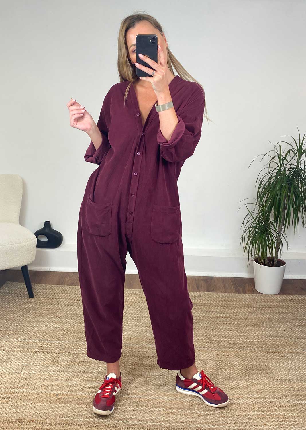 Joss Needlecord Jumpsuit in Burgundy