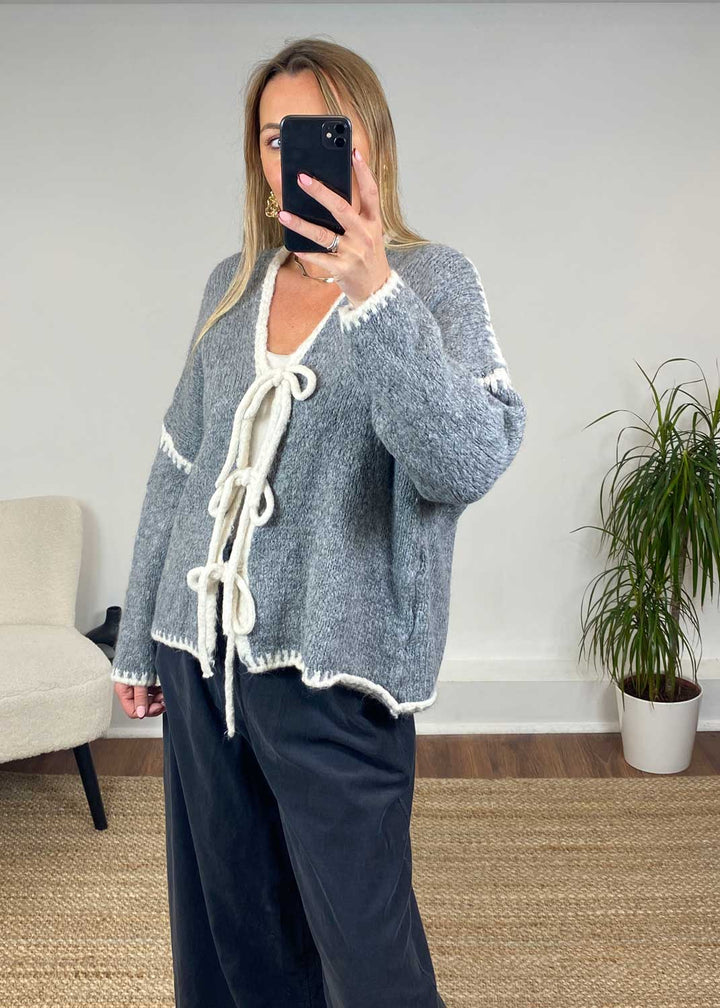 Jules Tie Front Stitch Cardigan in Grey