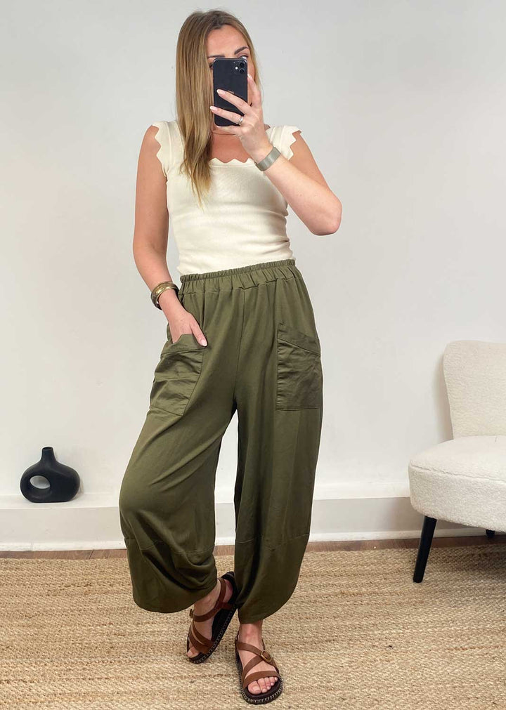 Buxton Jersey Barrel Pocket Pants in Cargo Green
