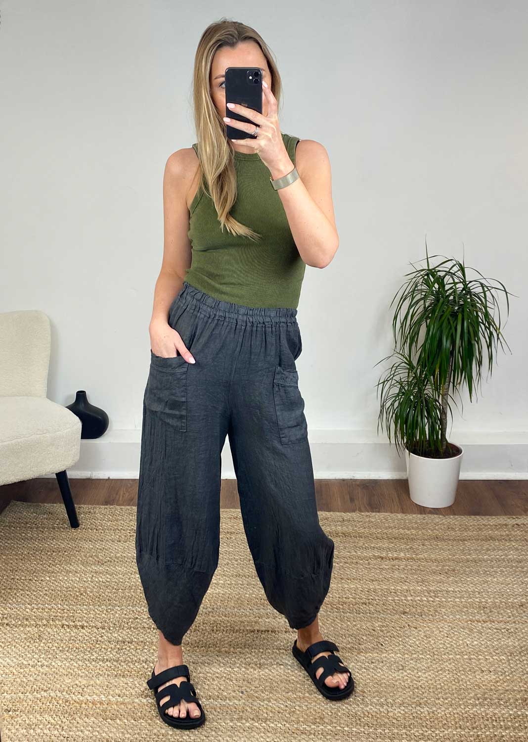 Juniper Linen Cocoon Pants in Dark Grey