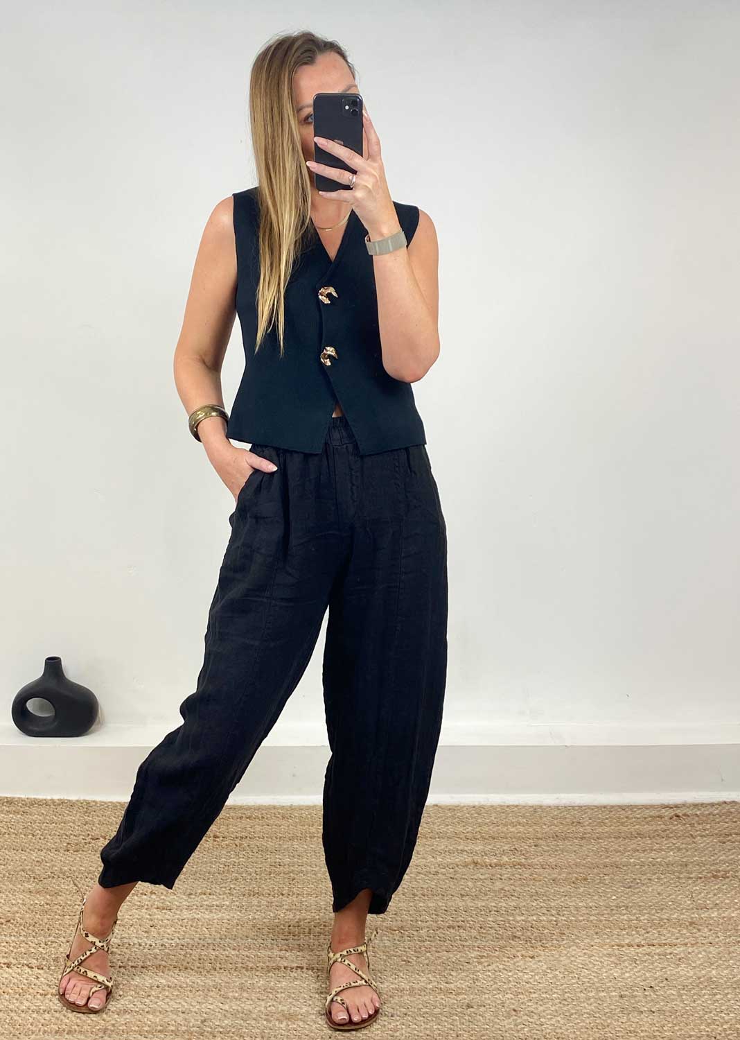 Keisha Linen Barrel Pants in Black