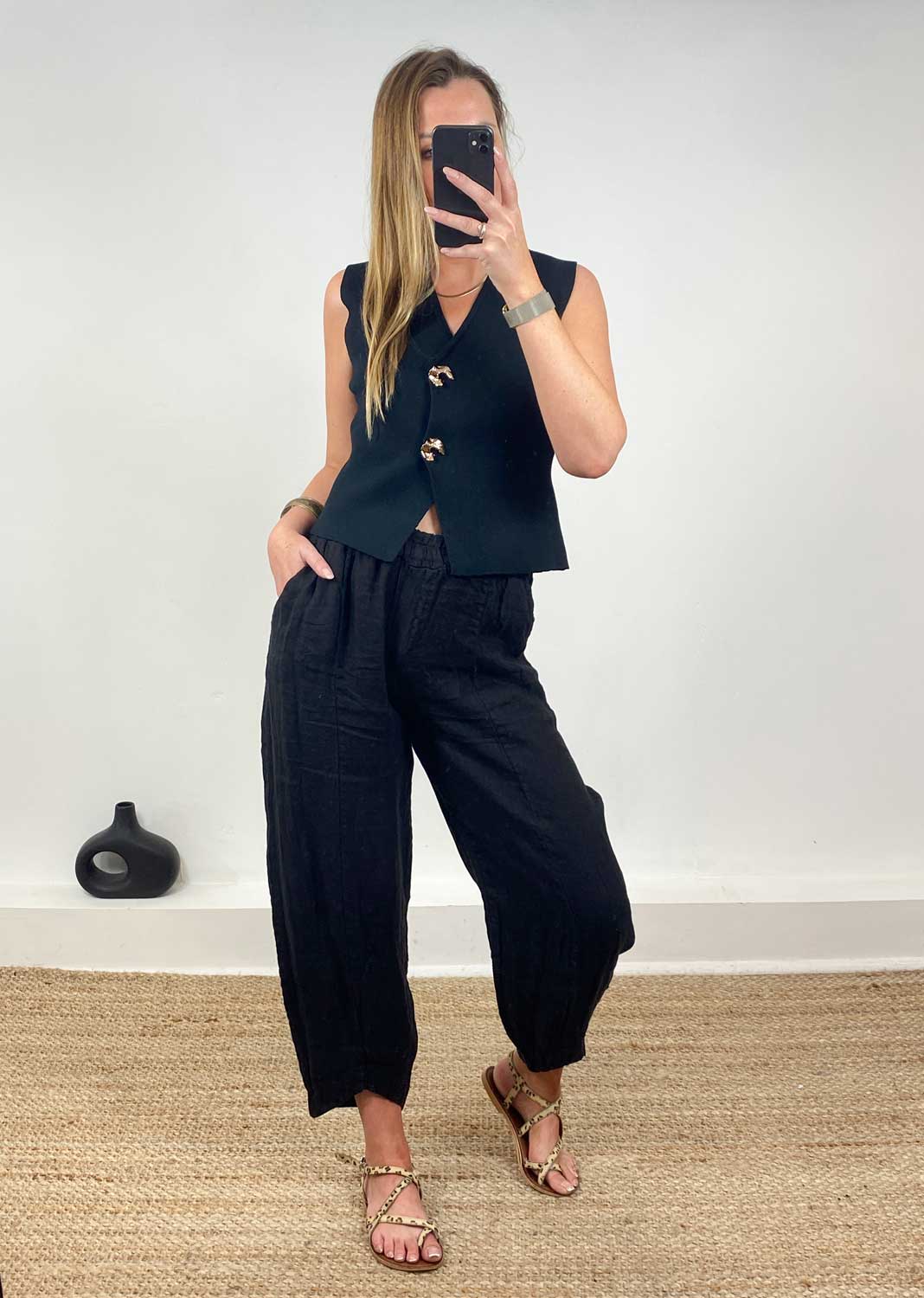 Keisha Linen Barrel Pants in Black