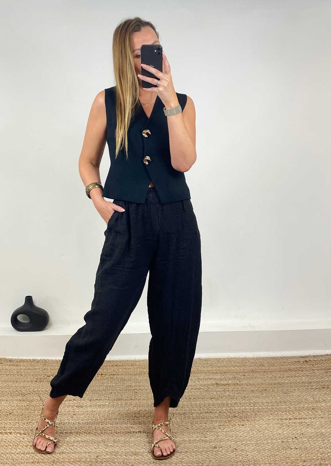 Keisha Linen Barrel Pants in Black
