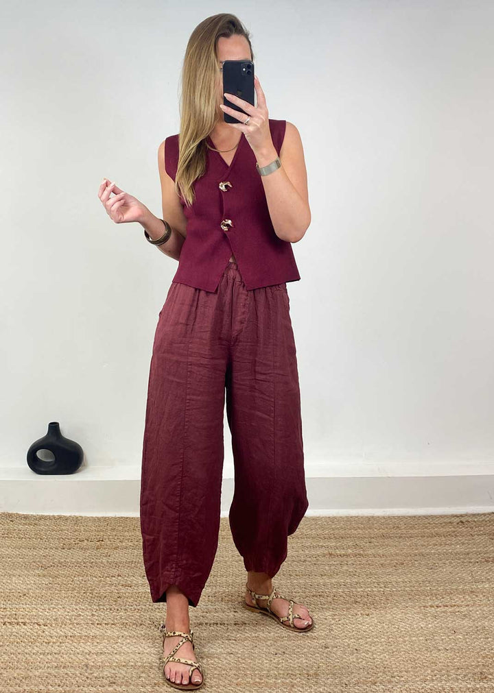 Keisha Linen Barrel Pants in Burgundy