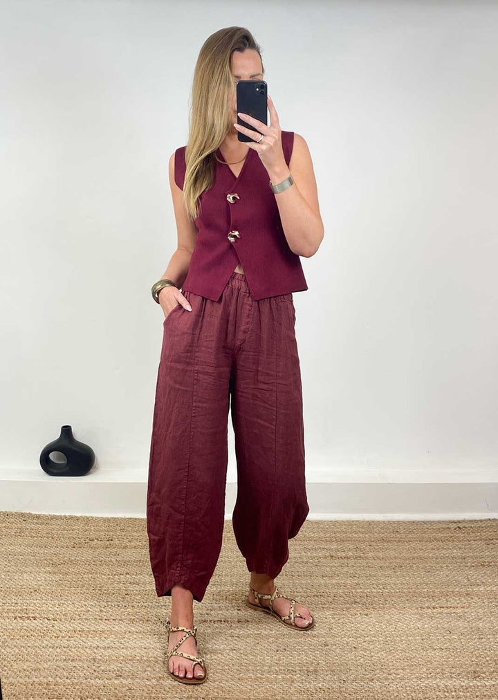 Keisha Linen Barrel Pants in Burgundy