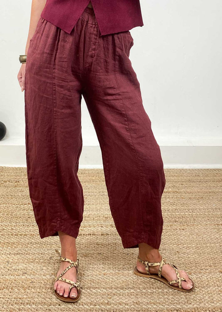 Keisha Linen Barrel Pants in Burgundy